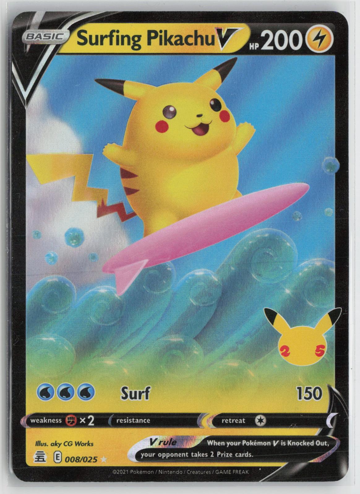 Surfing Pikachu V 008/025 Holo V Rare Celebrations Pokemon NM