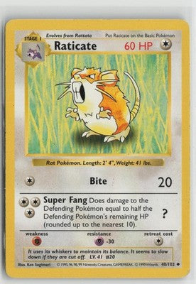 Raticate 40/102 Uncommon Base Set Shadowless Pokemon NM