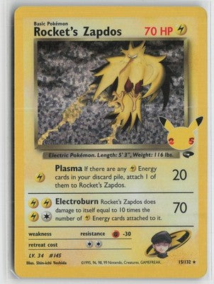 Rocket's Zapdos 15/132 holo Celebrations: Classic Collection Pokemon NM