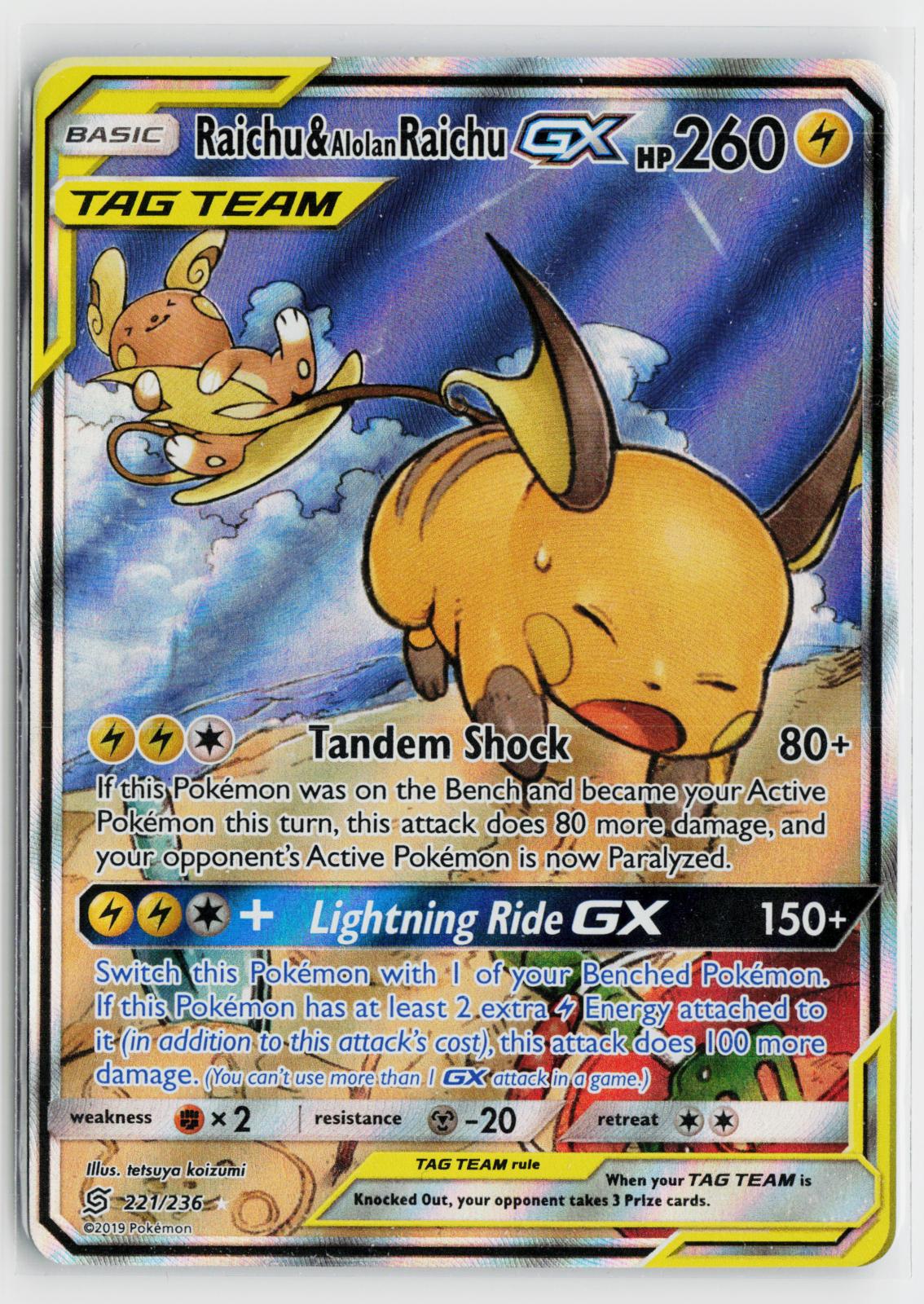 Raichu & Alolan Raichu GX 221/236 Unified Minds MP Ultra Rare Holo Pokemon