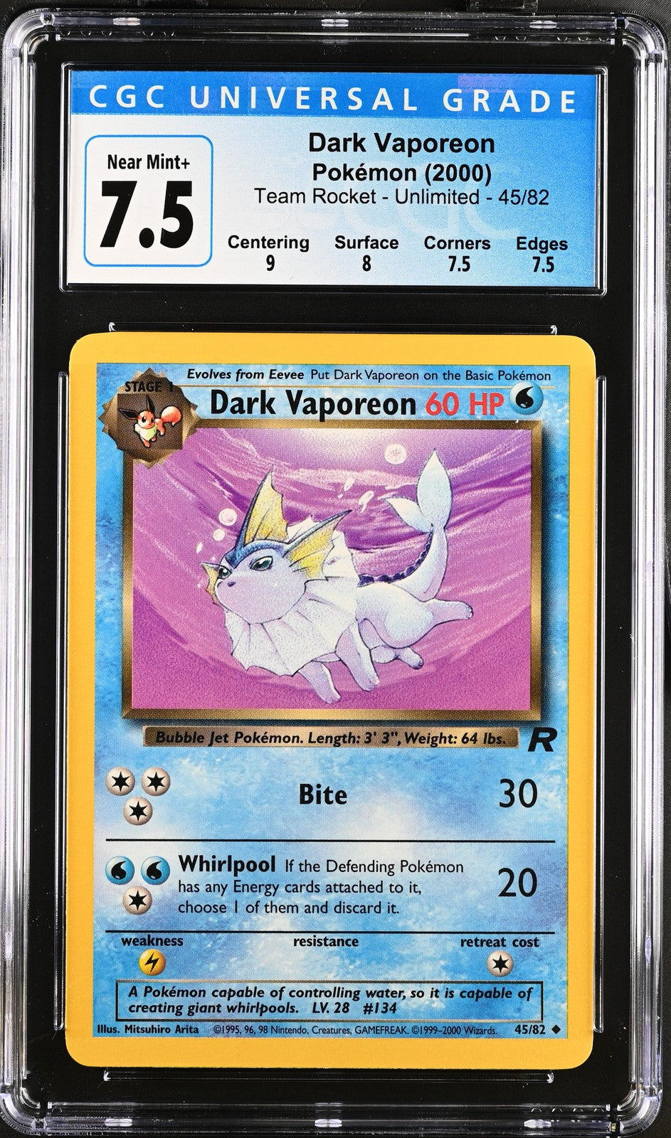 Dark Vaporeon 45/82 Team Rocket Pokemon CGC 7.5 Near Mint+