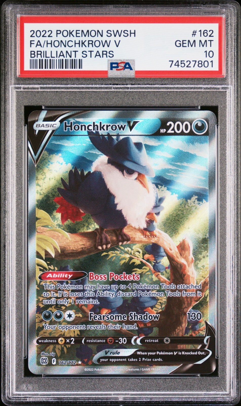 Honchkrow V 162/172 PSA 10 Brilliant Stars 162 2022 Pokemon Full Art SWORD AND
