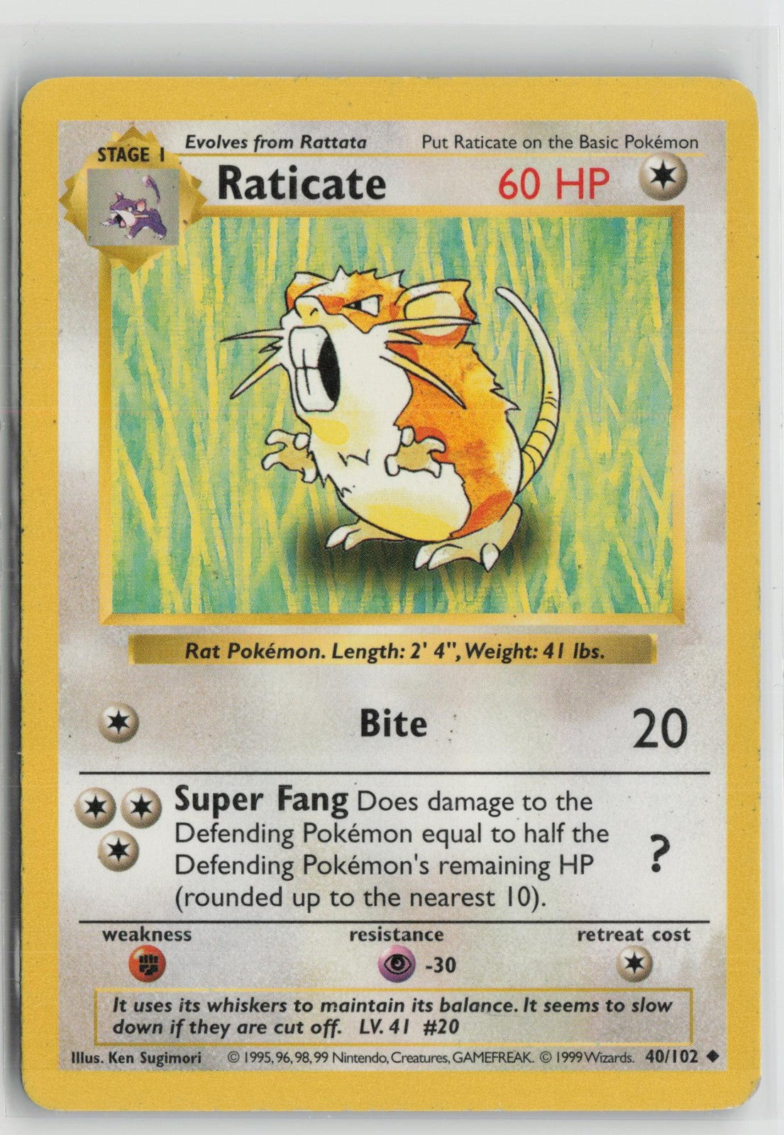 Raticate 40/102 Uncommon Base Set Shadowless Pokemon NM