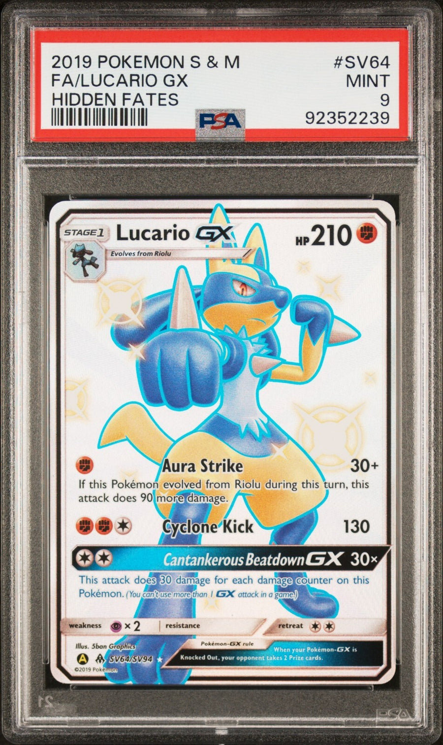 Lucario GX SV64/SV94 Hidden Fates: Shiny Vault Holo PSA 9