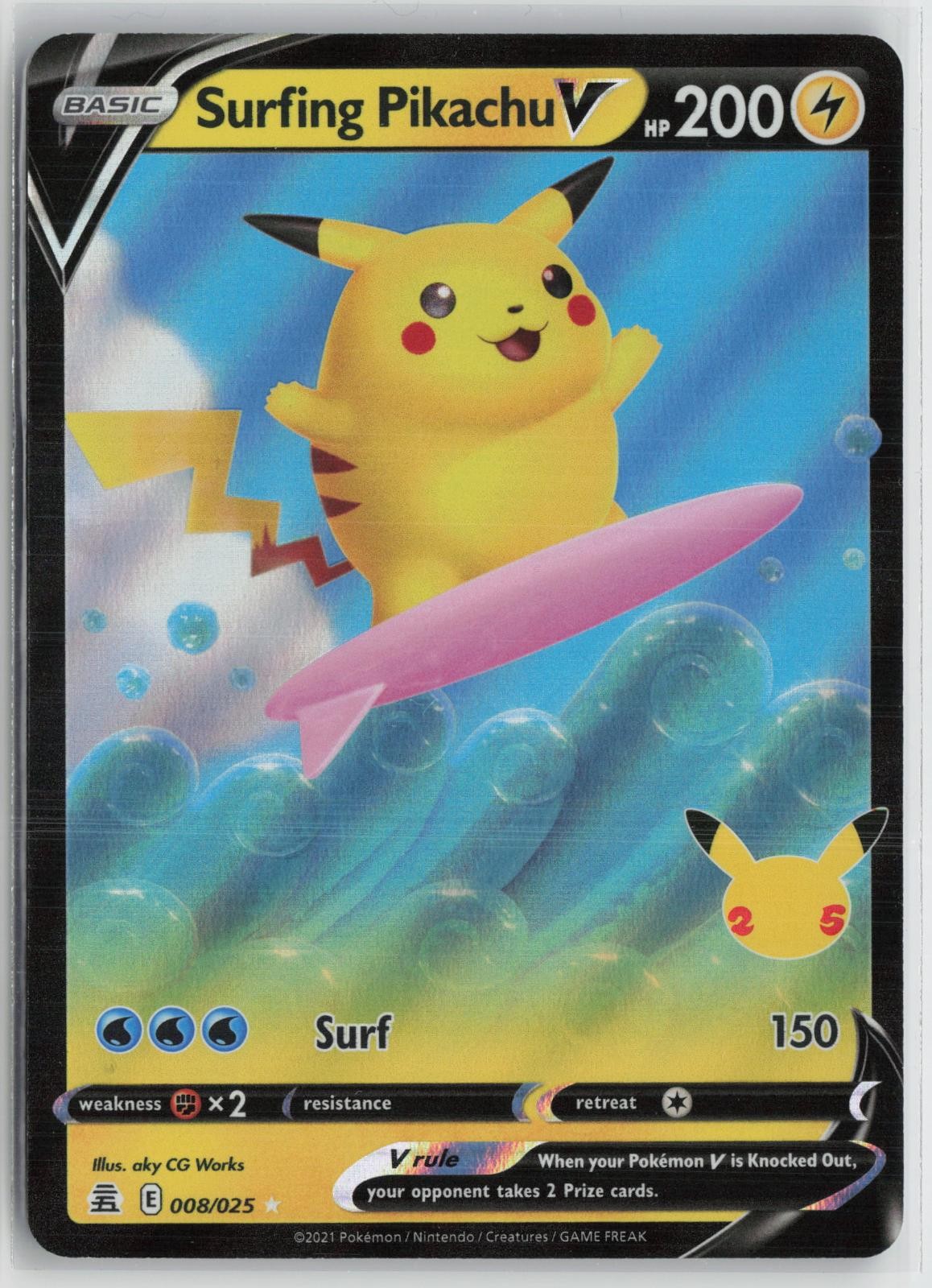 Surfing Pikachu V 008/025 Holo V Rare Celebrations Pokemon NM