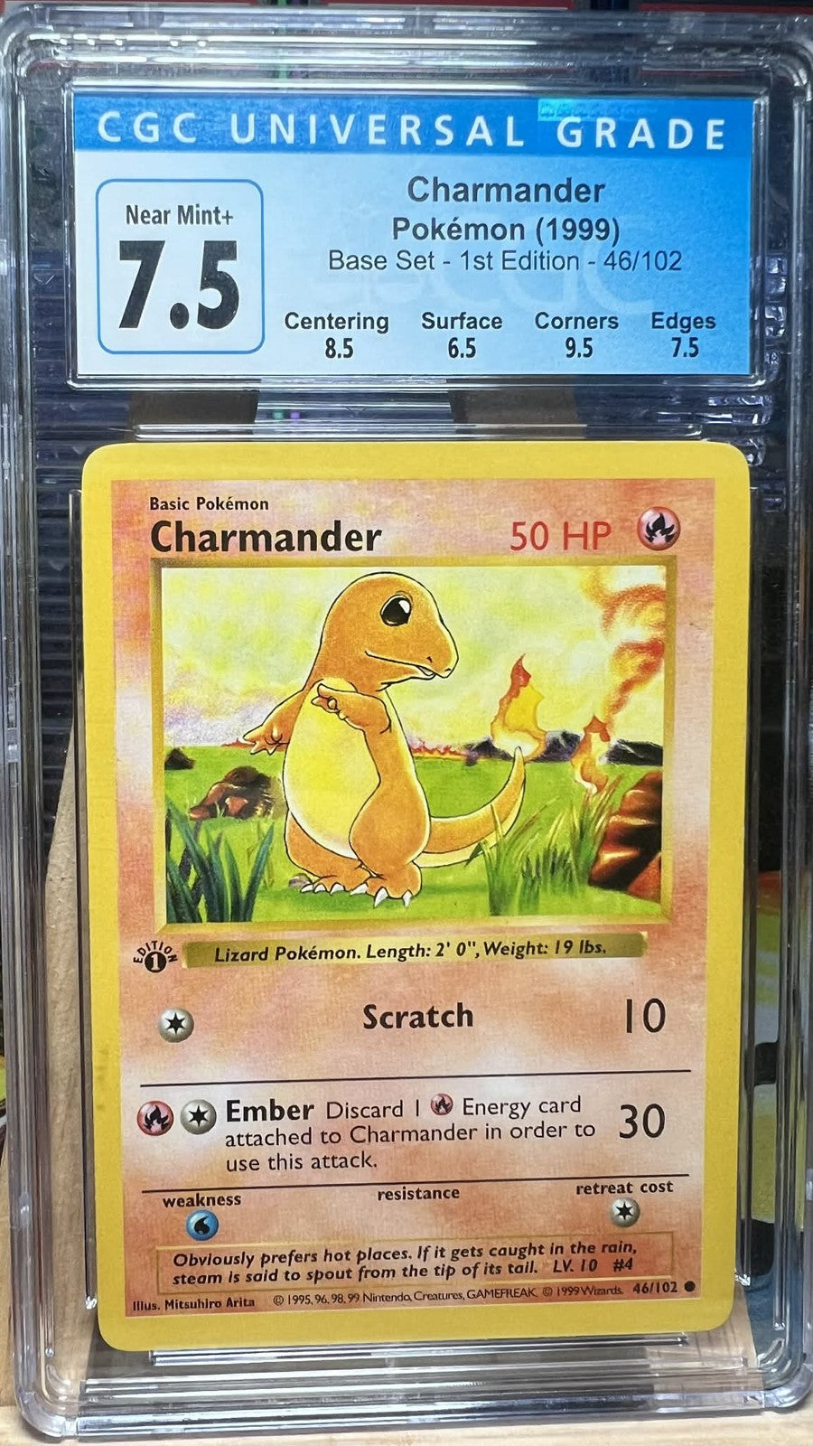 Charmander 46/102 Base Set - 1st Ed. Pokemon CGC 7.5 Near Mint+