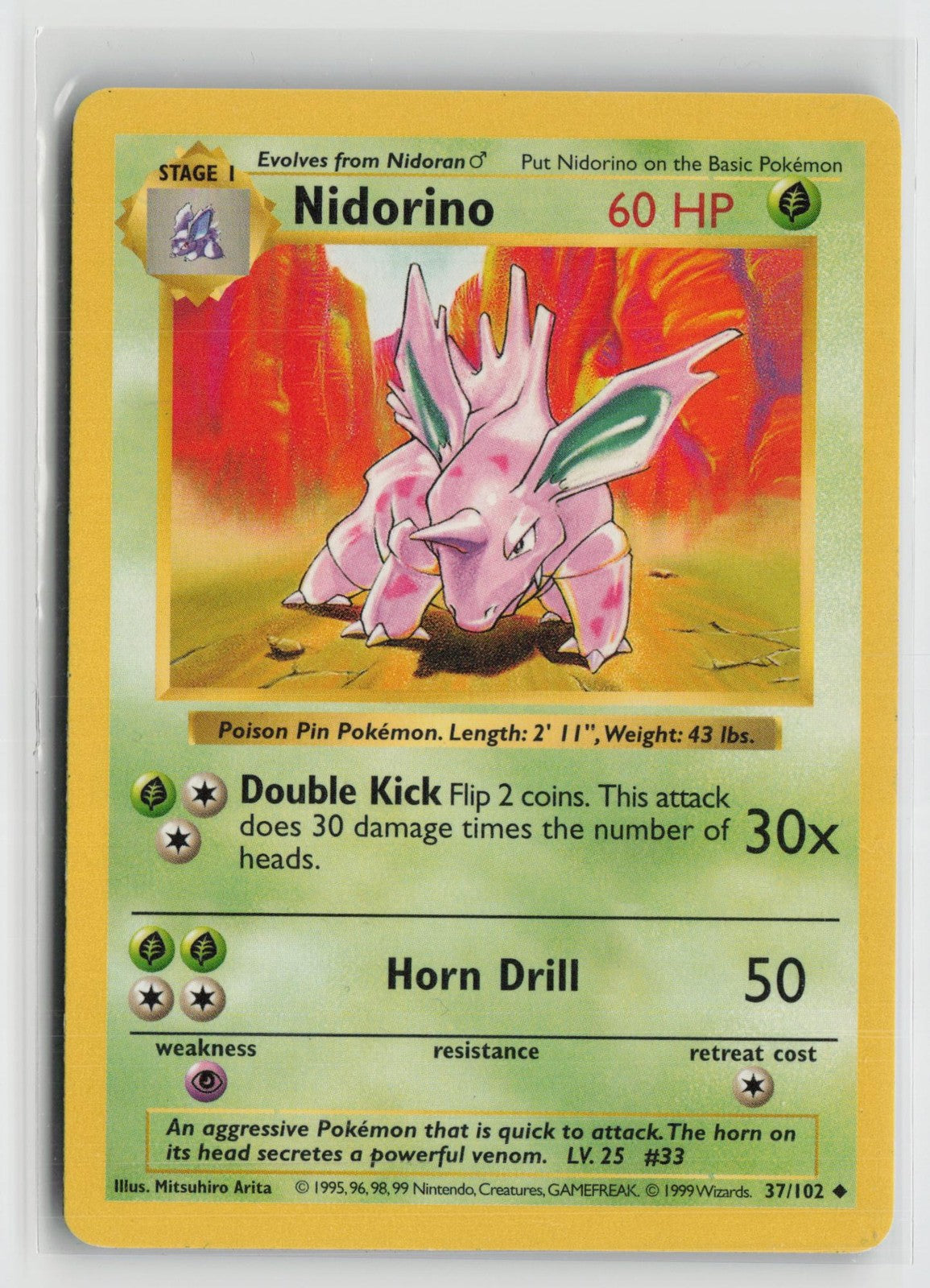 Nidorino 37/102 Uncommon Base Set Shadowless Pokemon NM
