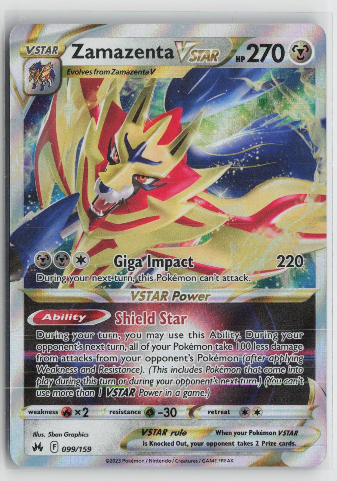 Zamazenta VSTAR 099/159 Holo VSTAR Rare Crown Zenith Pokemon NM