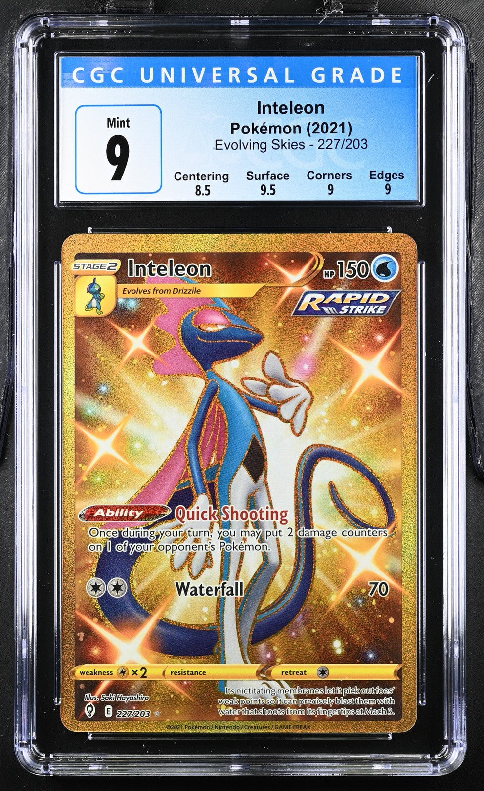 Inteleon 227/203 Secret Rare Holo Evolving Skies Pokemon CGC 9 Mint