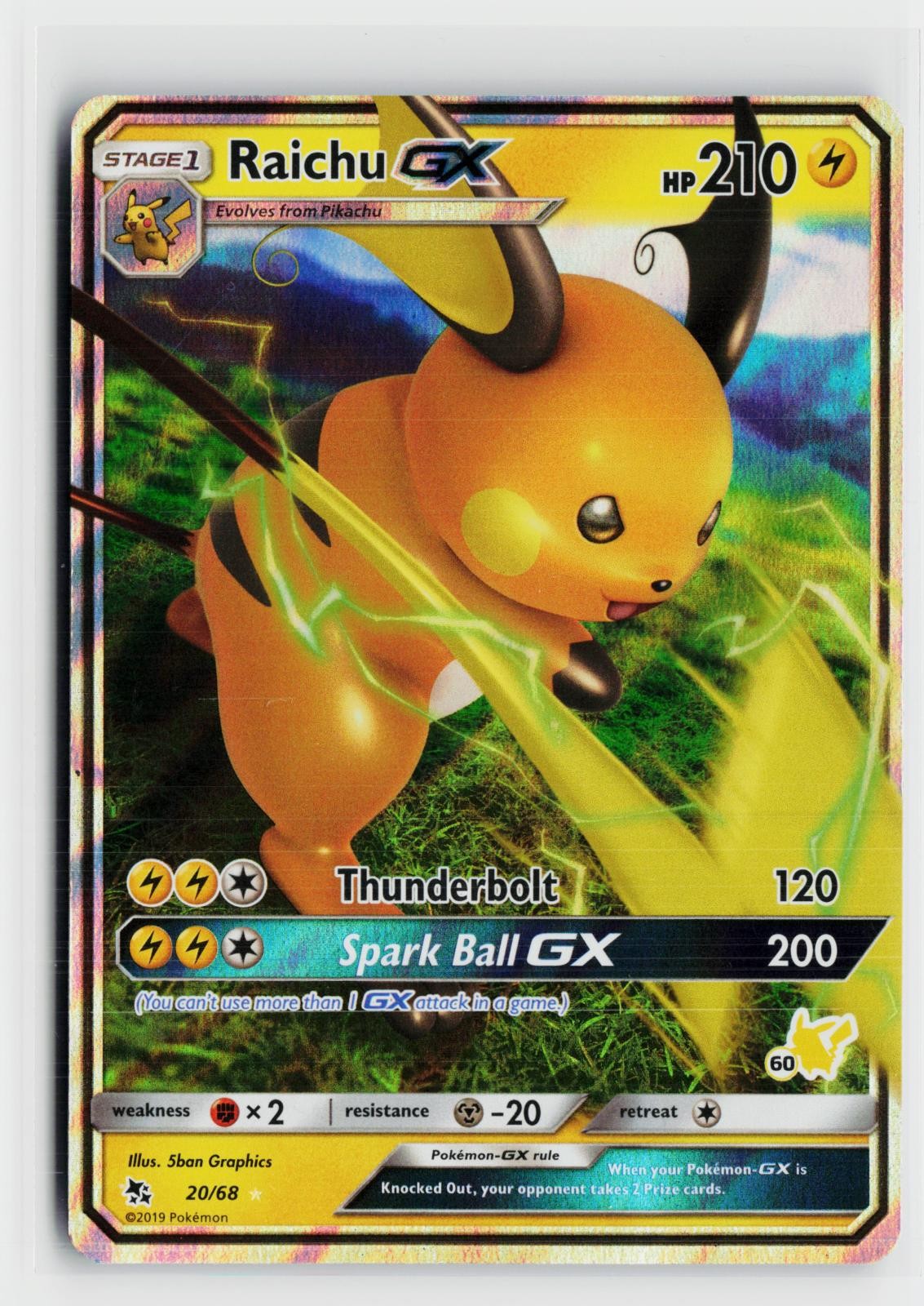 Raichu GX 20/68 Hidden Fates NM Holo GX Rare Pokemon