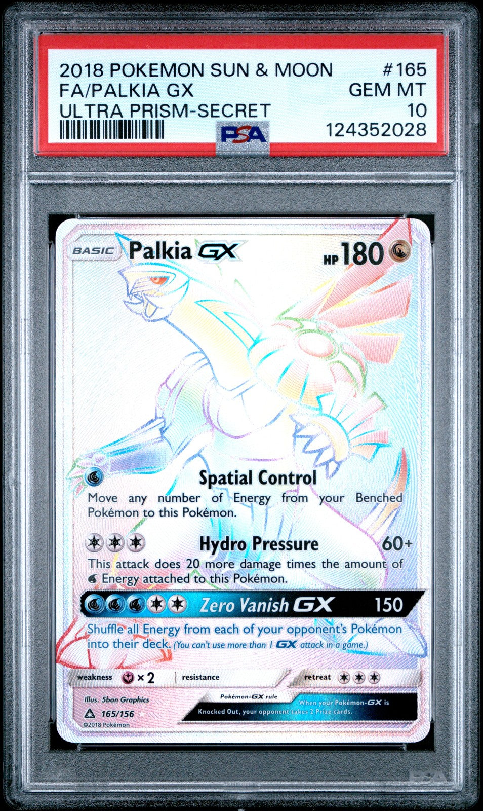 Palkia Gx 165/156 Secret Ultra Prism Pokemon PSA 10
