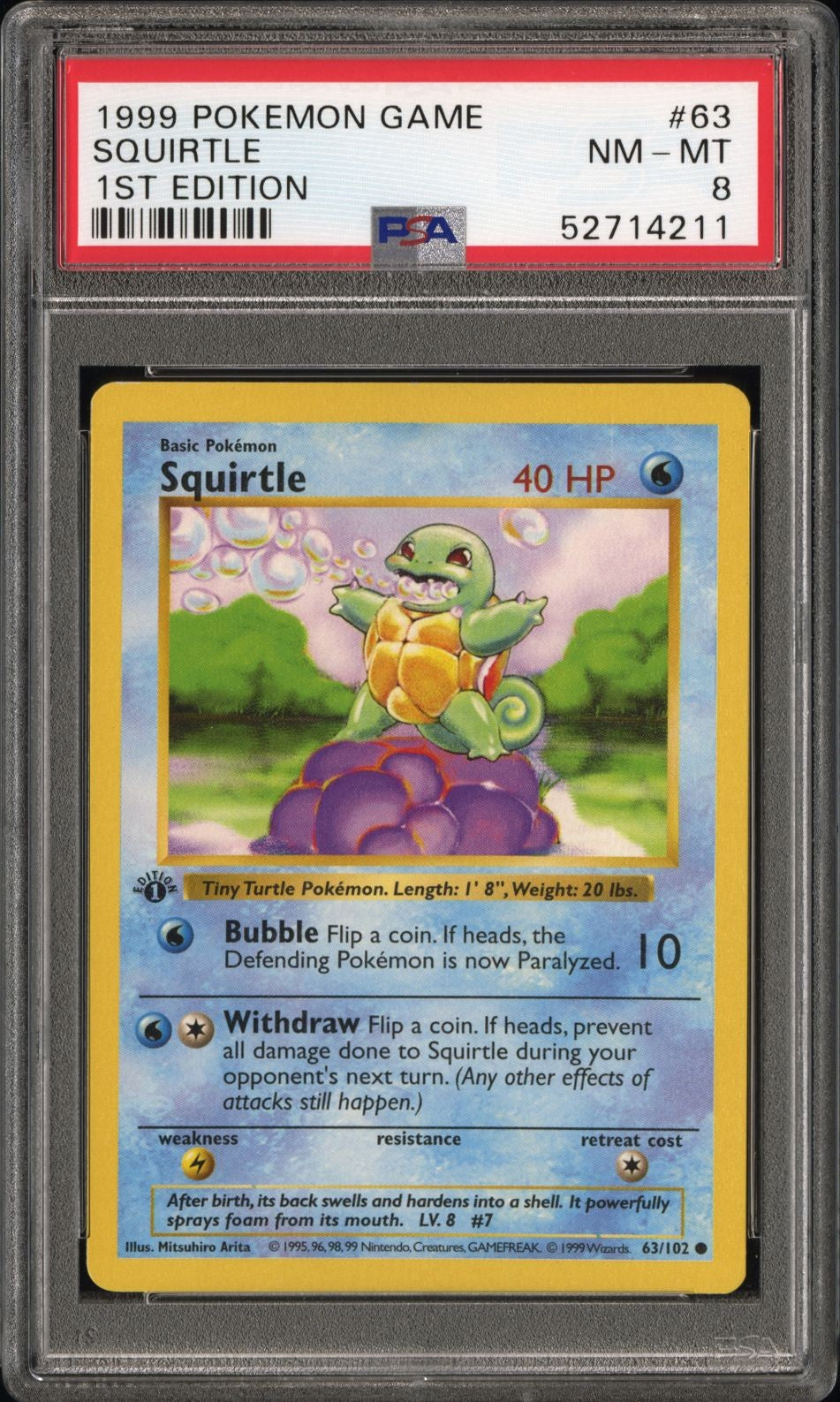 Squirtle 63/102 1st Edition Shadowless Pokemon PSA 8