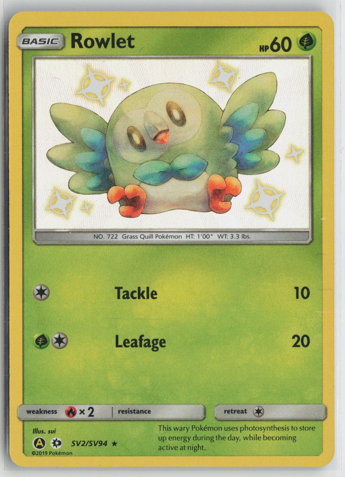 Rowlet SV2/SV94 Shiny Rare Hidden Fates Shiny Vault Pokemon NM