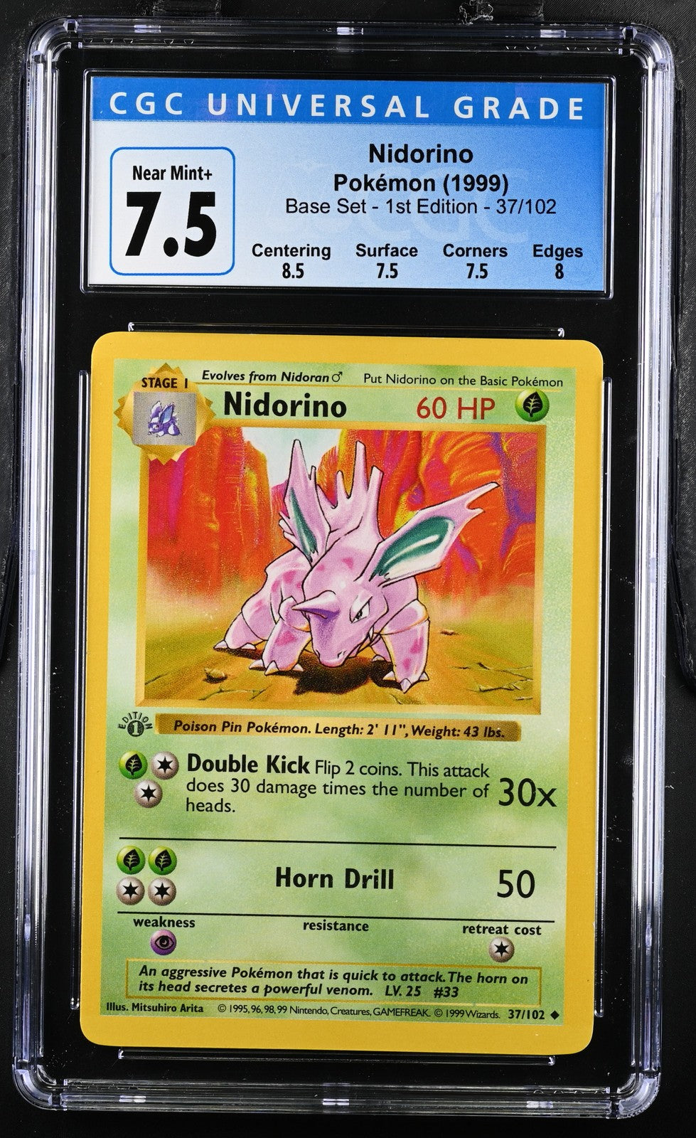 Nidorino 37/102 Base Set - 1st Ed. Pokemon CGC 7.5 Near Mint+
