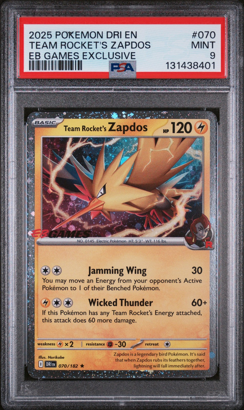 Team Rocket's Zapdos 070/182 Eb Games Exclusive Pokemon PSA 9