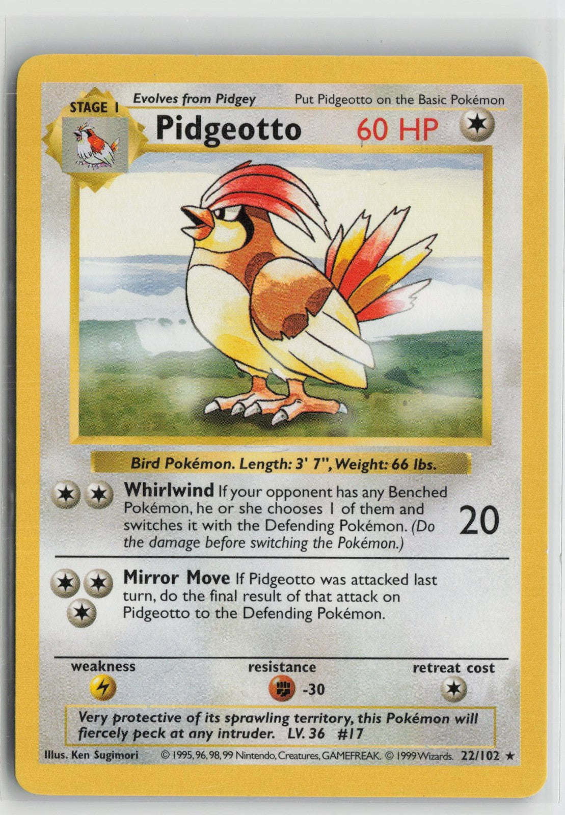 Pidgeotto 22/102 Rare Base Set Shadowless Pokemon NM