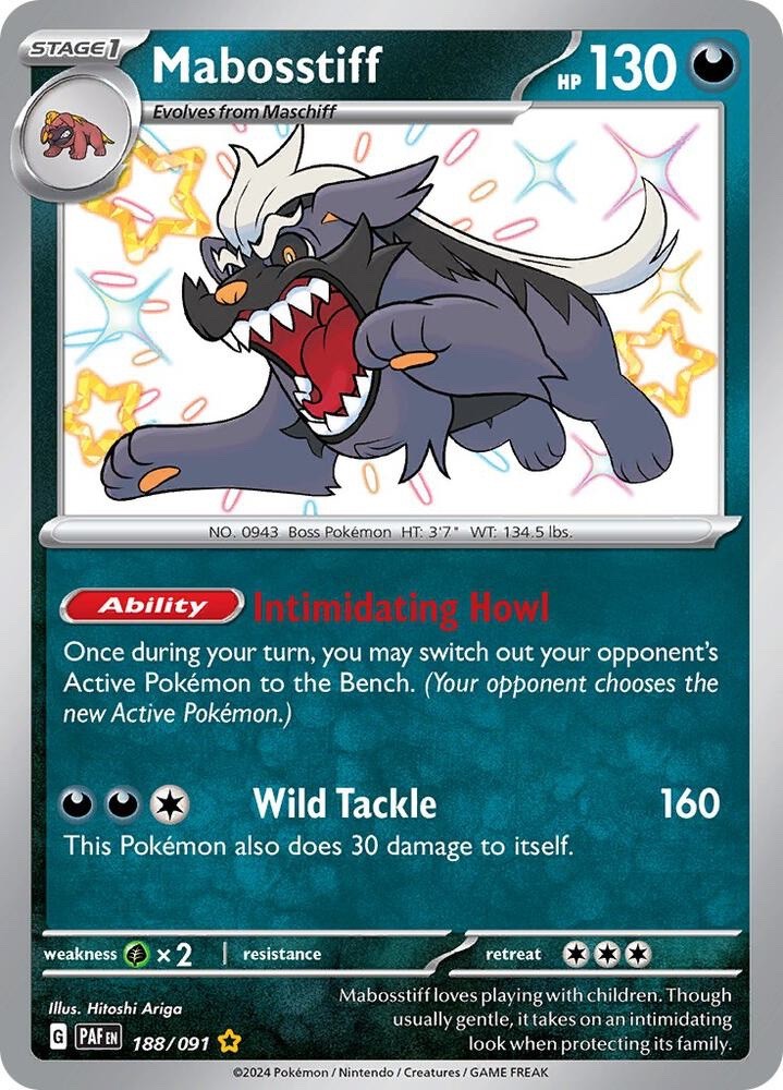 Mabosstiff 188/091 Paldean Fates PAF Shiny Rare Near Mint Pokemon 2024