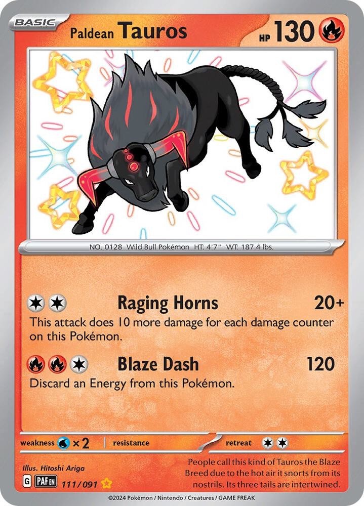 Paldean Tauros 111/091 Paldean Fates PAF Shiny Rare Near Mint Pokemon 2024
