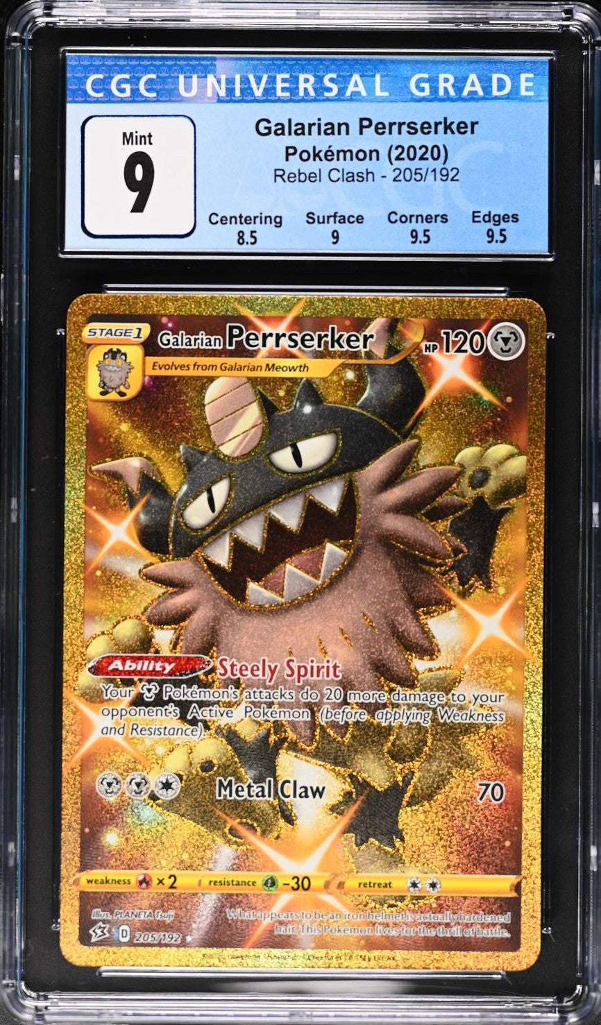 Galarian Perrserker 205/192 Secret Rare Holo Rebel Clash Pokemon CGC 9 Mint