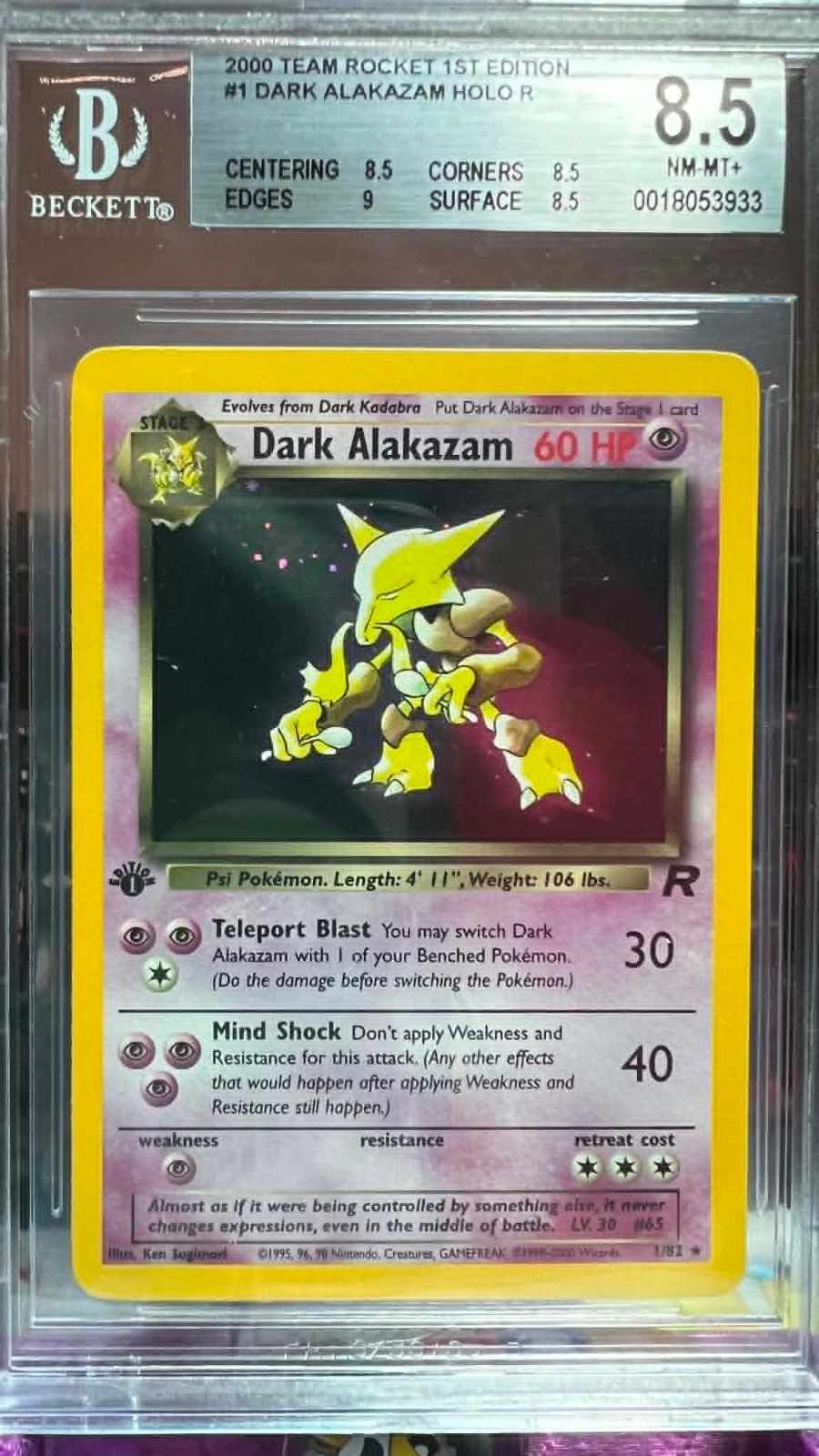 Dark Alakazam Holo R 1 Team Rocket 1st Edition Pokemon Bgs 8.5 Silver