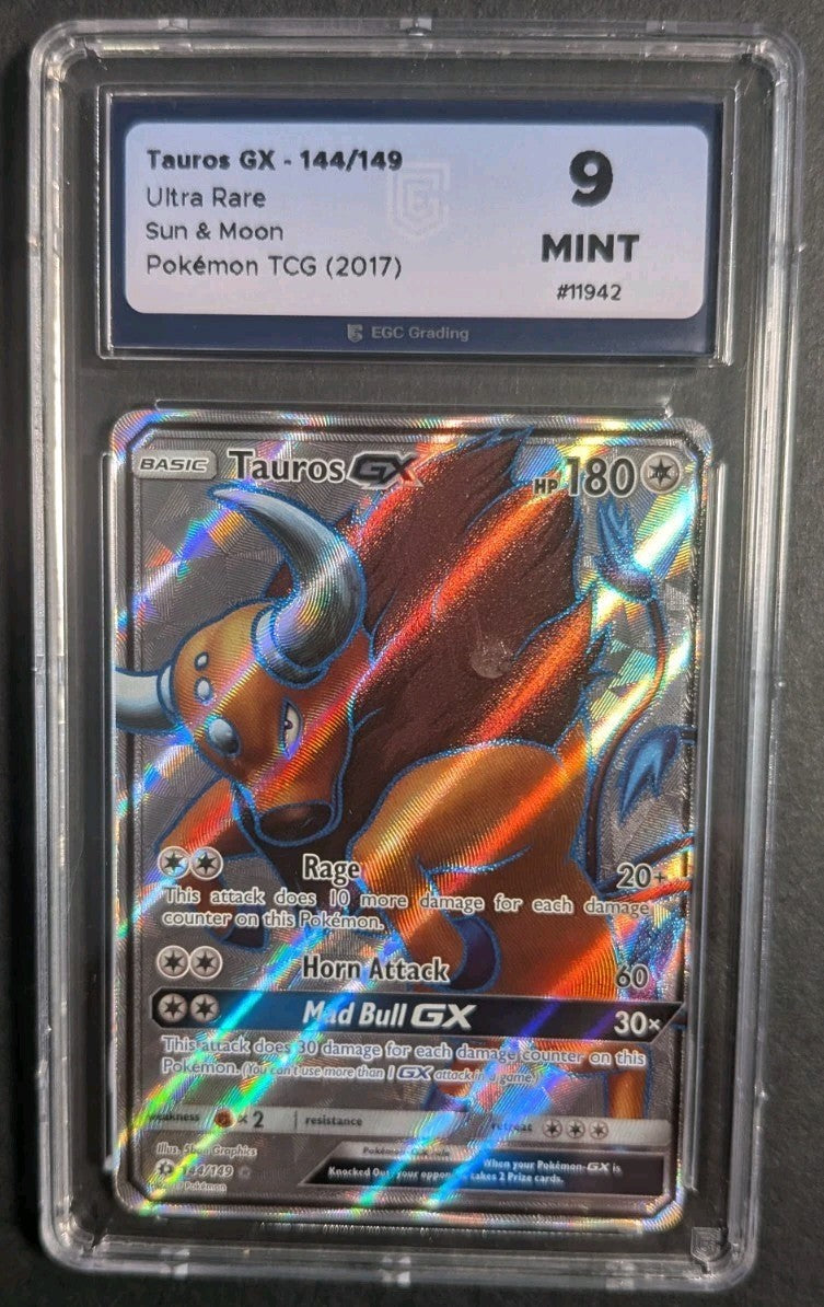 Pokemon Sun & Moon Base Series Tauros GX 144/149 EGC Mint 9 Holo Rare 2017