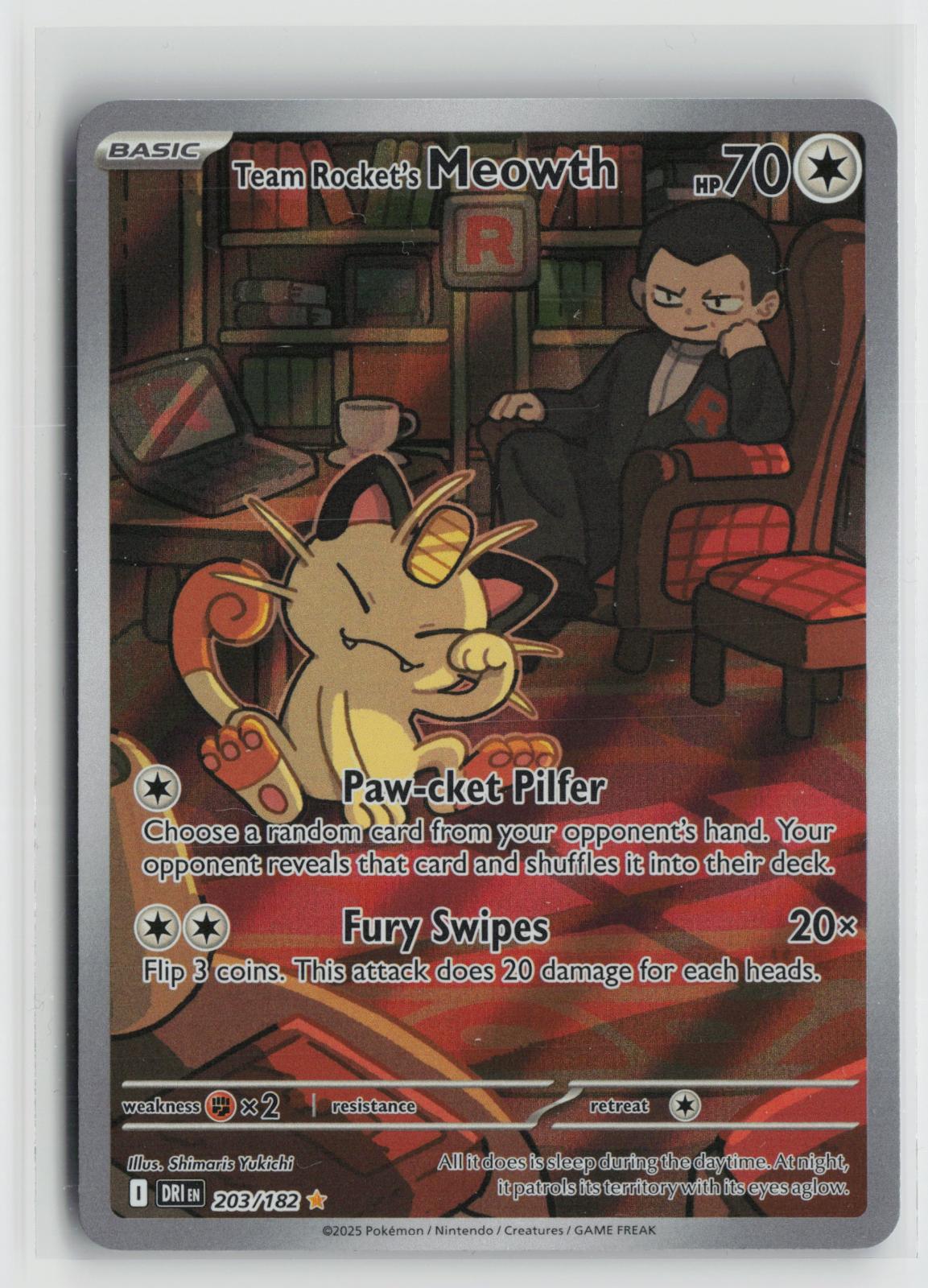 Team Rocket's Meowth 203/182 Destined Rivals NM Illustration Rare Holo Pokemon