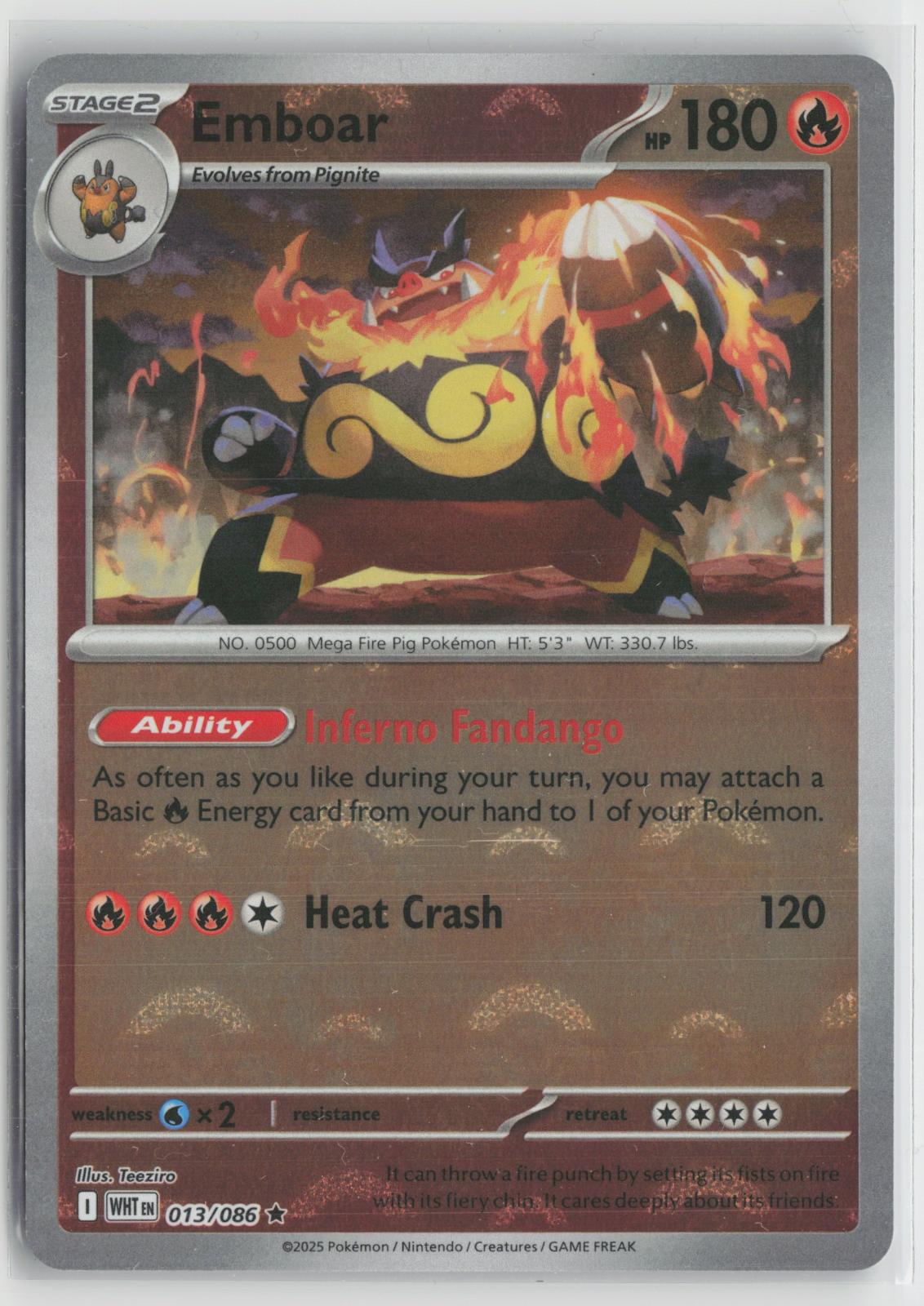 Poke Ball Emboar 013/086 Holo Rare White Flare Pokemon NM