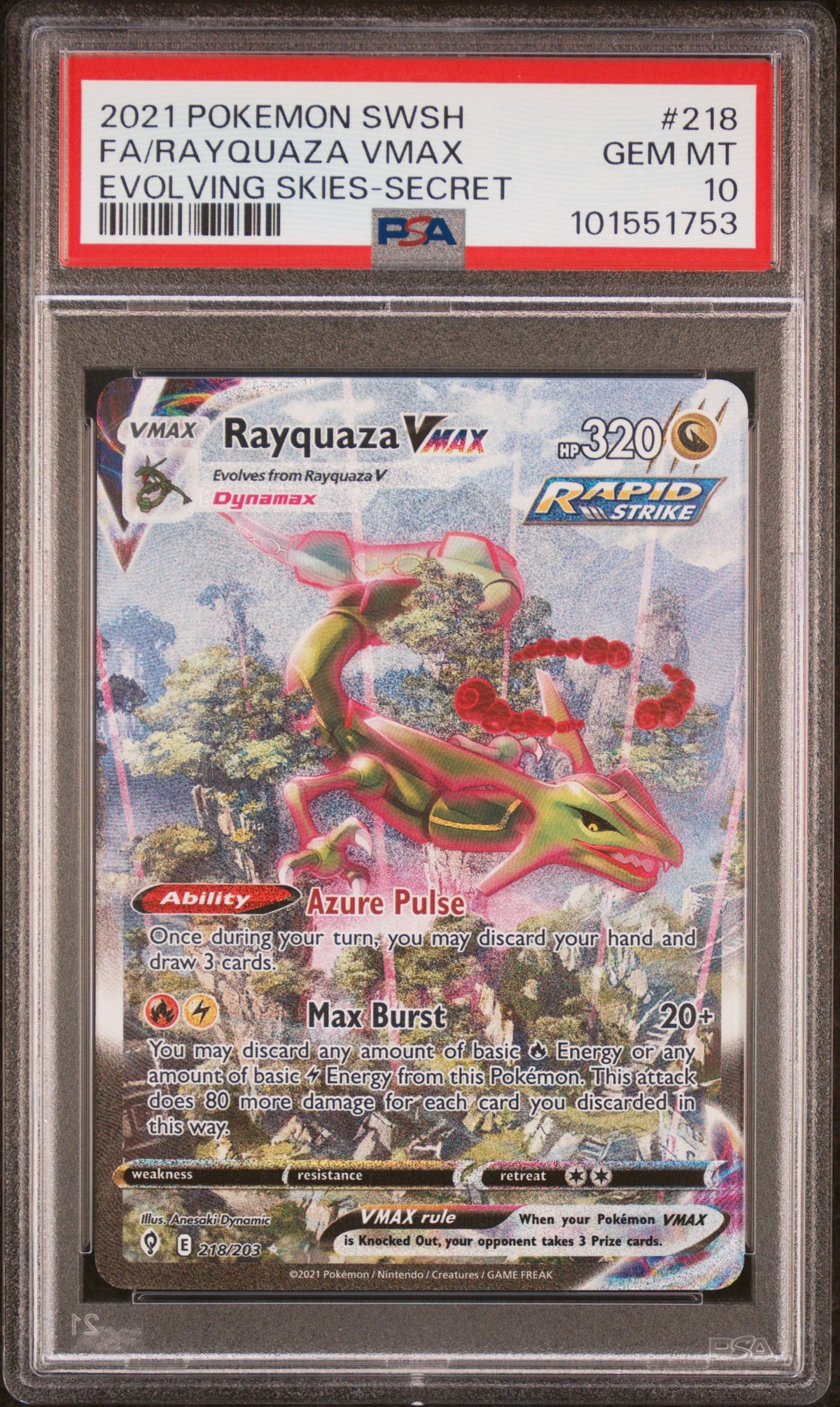PSA 10 Rayquaza Vmax 218/203 Secret Evolving Skies Pokemon