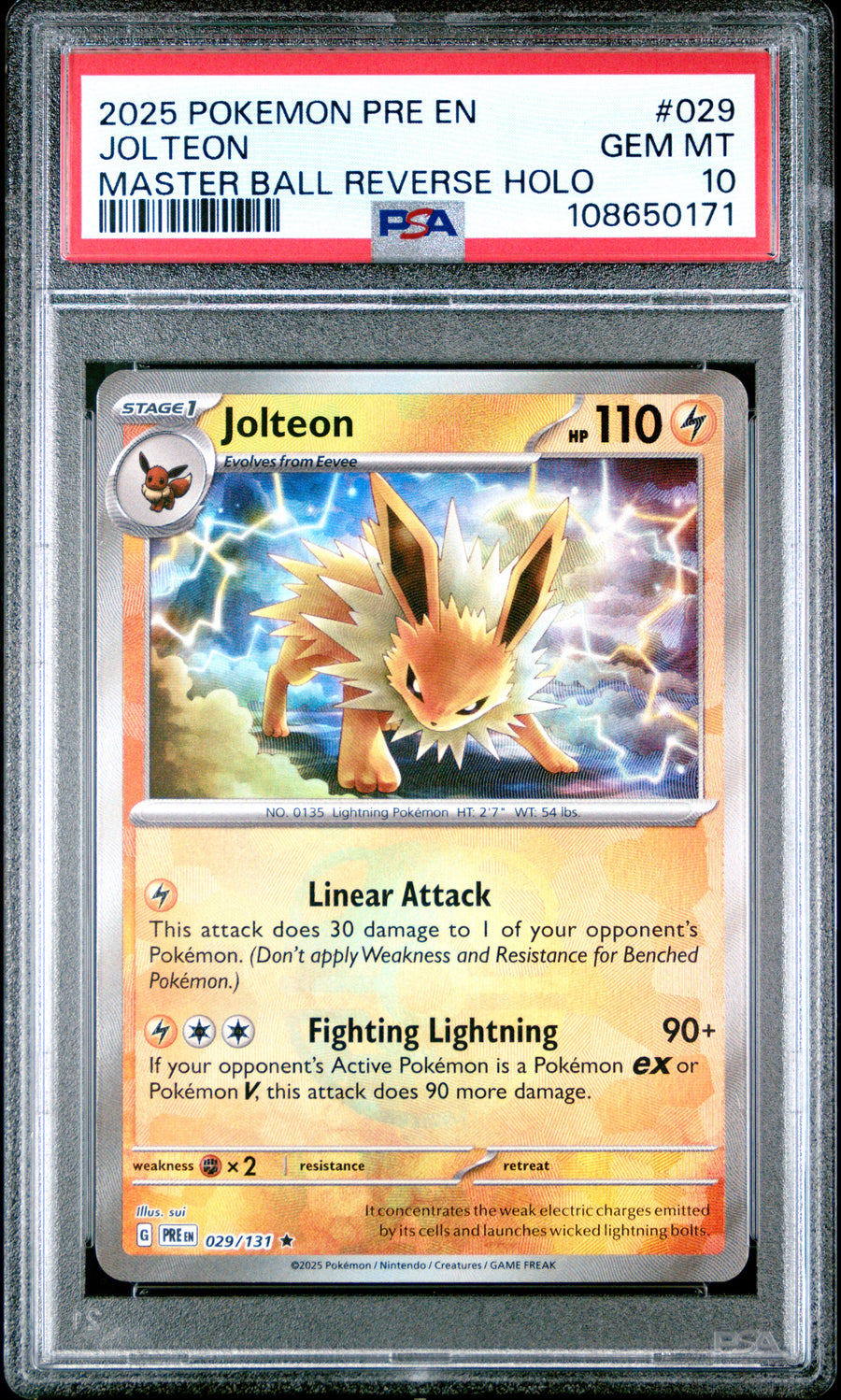Jolteon 029/131 Master Ball Reverse Holo Prismatic Evolutions Pokemon PSA 100