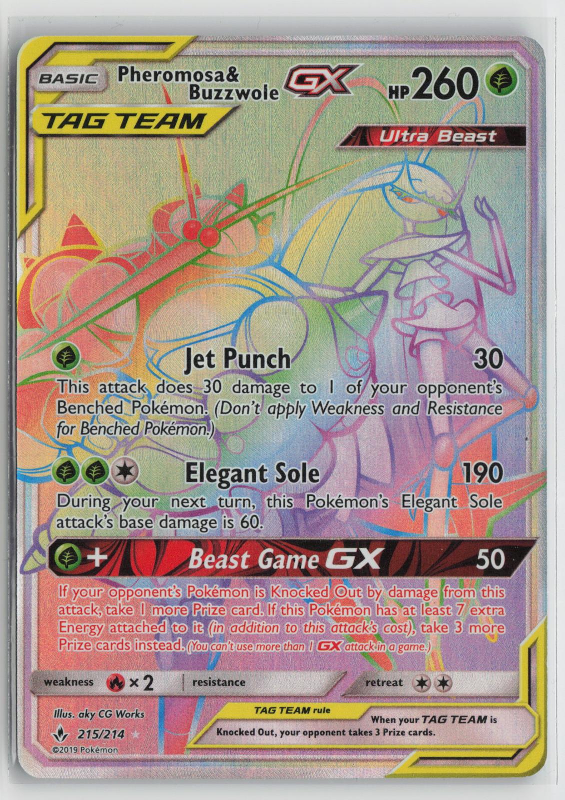Pheromosa & Buzzwole GX 215/214 Rainbow Rare Unbroken Bonds Pokemon Holo NM
