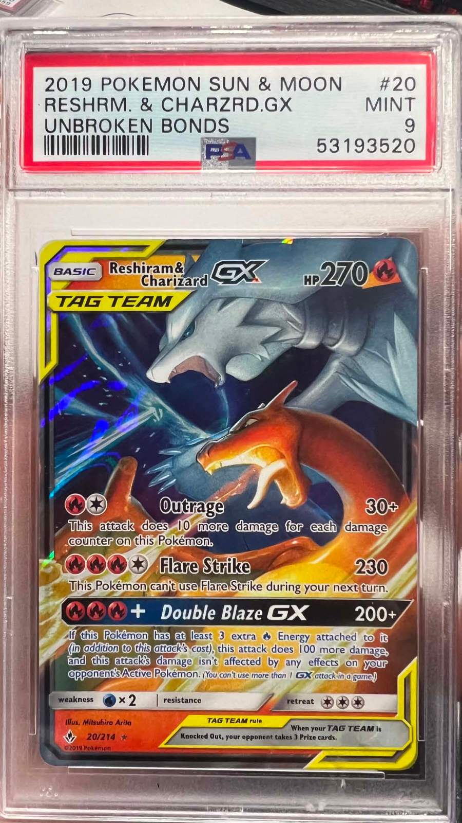 PSA 9 Reshiram & Charizard Gx 20/214 Unbroken Bonds Pokemon
