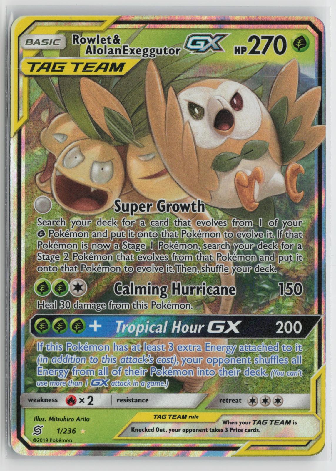 Rowlet & Alolan Exeggutor GX 1/236 Unified Minds NM Holo GX Rare Pokemon